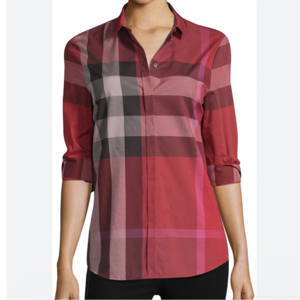 Burberry Brit Burgundy And Pink Plaid Check Button-Up Shirt - Size: Xl